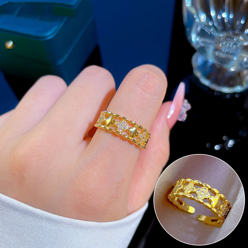 True Gold Light Luxury Lucky Flower Opening Adjustable Simple Japanese Finger Ring Couple Manufacturer