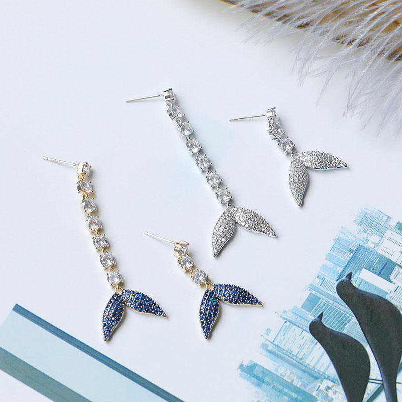 Wholesale Korean S925 Silver Pin Vintage Earrings Zirconia Asymmetrical Fishtail Earrings