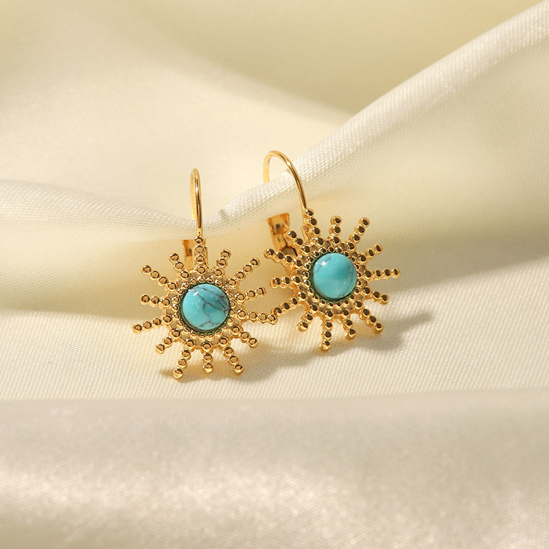 Wholesale Titanium Steel 18k Gold-plated Stainless Steel Turquoise Sunburst Earrings