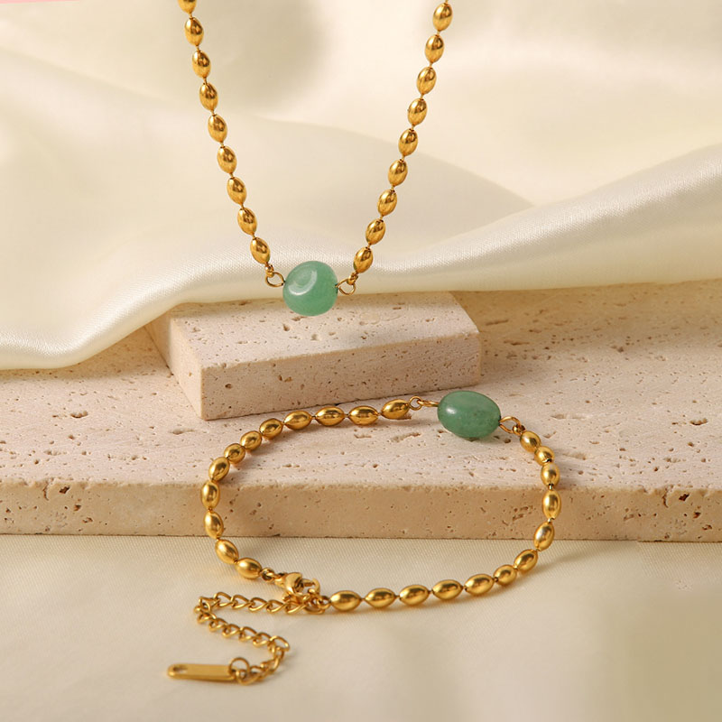 Wholesale Jewelry French Strand Green Natural Stone Oval Gold Bean Bean Bracelet Necklace