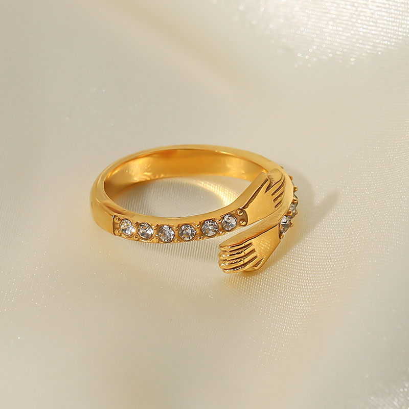 Wholesale Titanium Steel Vacuum Plated 18k Gold Double Hand Ring With Zirconium Stainless Steel Open Ring