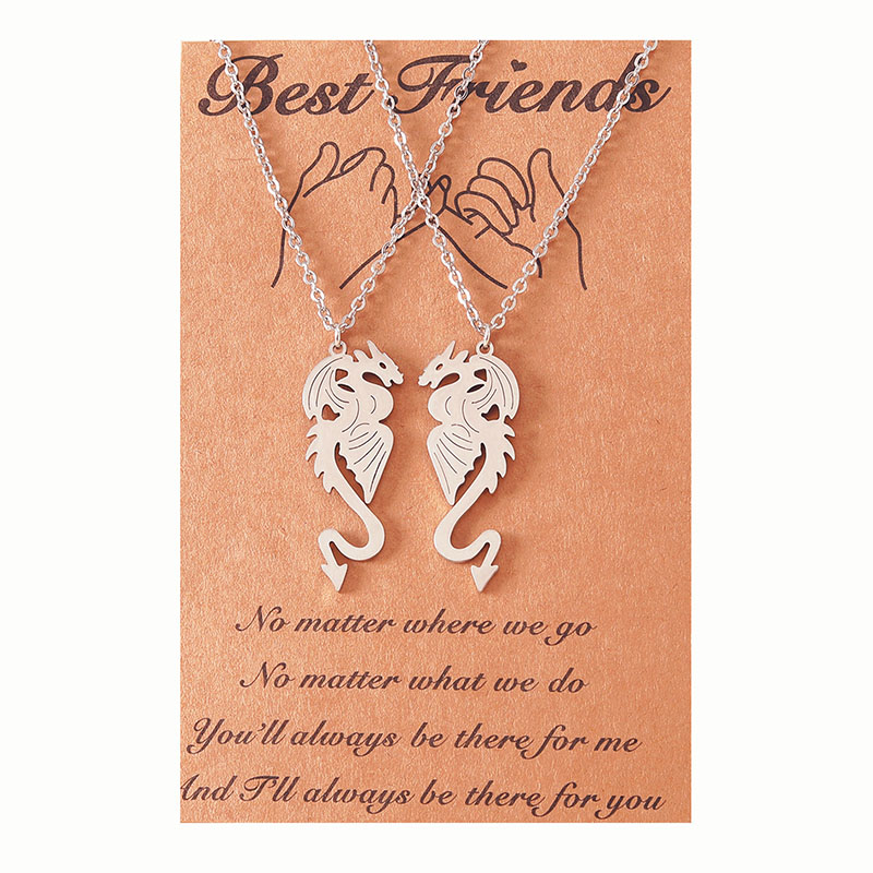 Stainless Steel Evil Dragon Good Friend Card Collarbone Chain Necklace 2 Pieces Set Supplier
