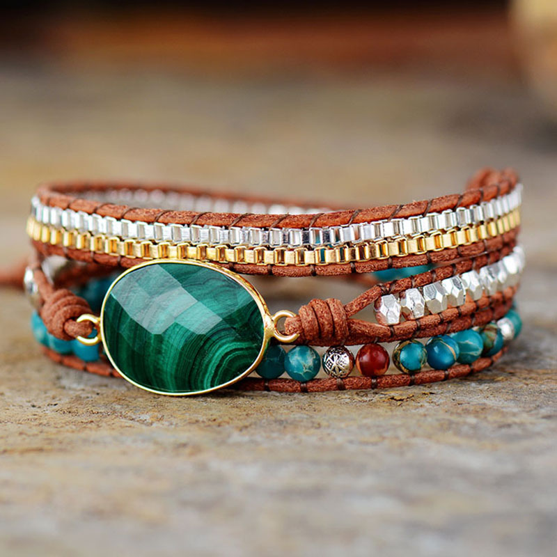 Natural Malachite 3 Circles Wrapped Leather Chain Bracelet	 Manufacturer