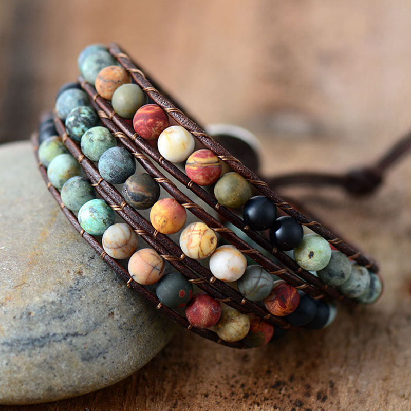 Wholesale 6mm Frosted Stone Beads Hand Woven Leather Bracelet