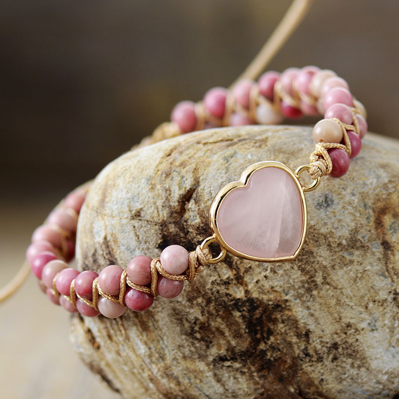 Wholesale Peach Heart Shaped Double Layer Natural Stone Hand Woven Bracelet Adjustable