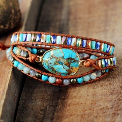 Wholesale Egg Shaped Turquoise Crystal Beads Fashion Vintage Cowhide Hand Woven Bracelet