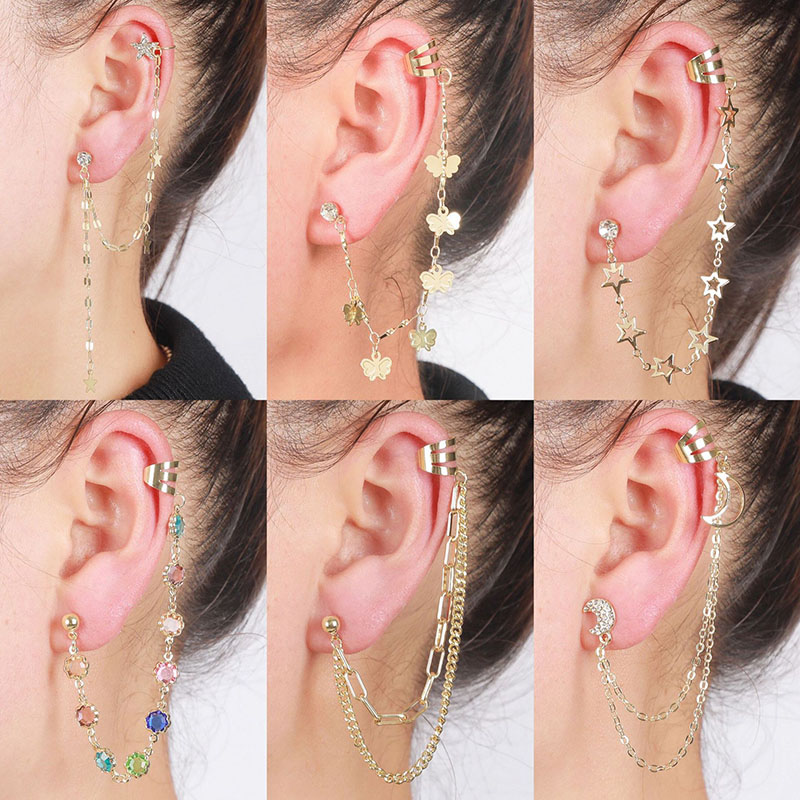 Wholesale Octagonal Beige Mansard Chain Tassel Ear Bone Clip Earrings