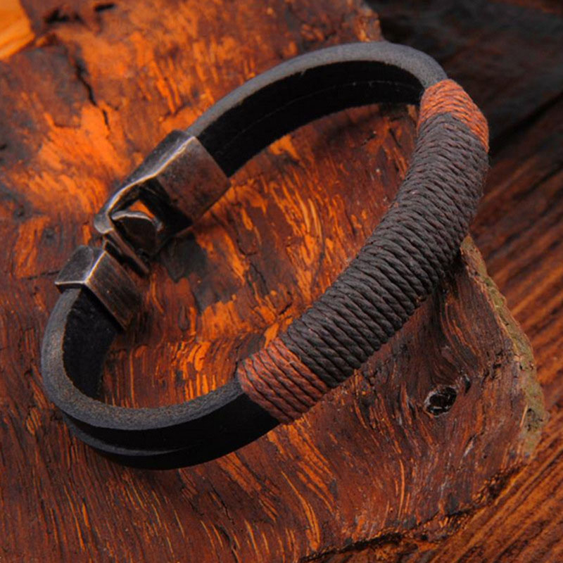 Wholesale Vintage Titanium Steel Black Twine Braided Pu Leather Bracelet