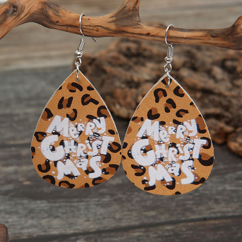 Christmas Christmas Tree Letters Pu Double-sided Printed Leopard Leather Earrings