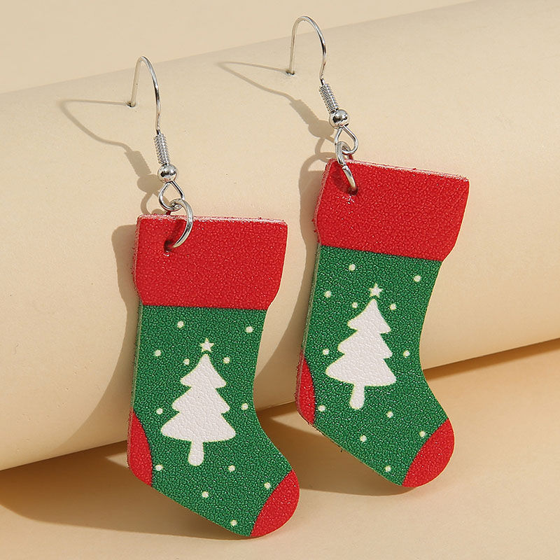 Christmas Tree Moose Snowflake Snowman Water Drop Christmas Stocking Leather Earrings