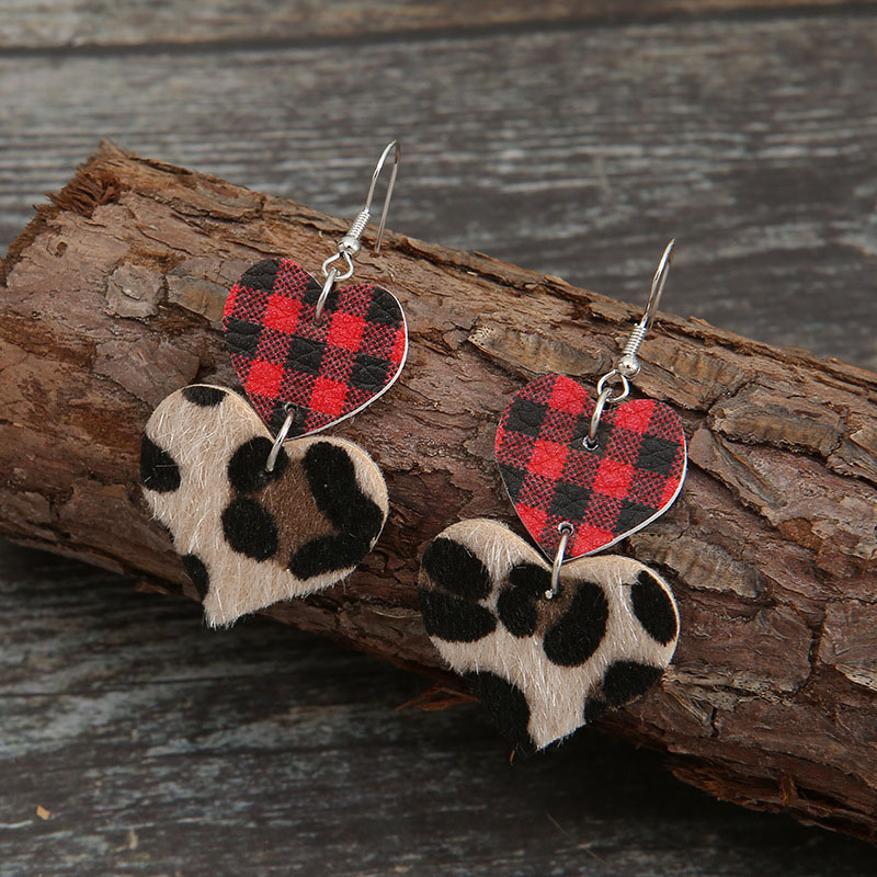 Valentine's Day Red And Black Checkered Heart Reversible Velvet Leopard Print Leather Earrings