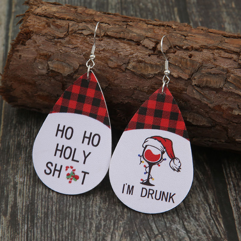 Christmas Red Plaid Wine Glass Reversible Leather Earrings