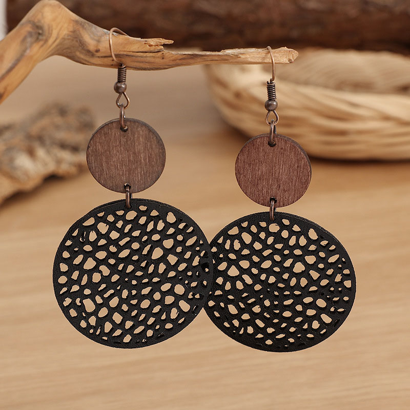 Bohemian Patchwork Wood Round Pieces Vintage Hollow Leather Earrings