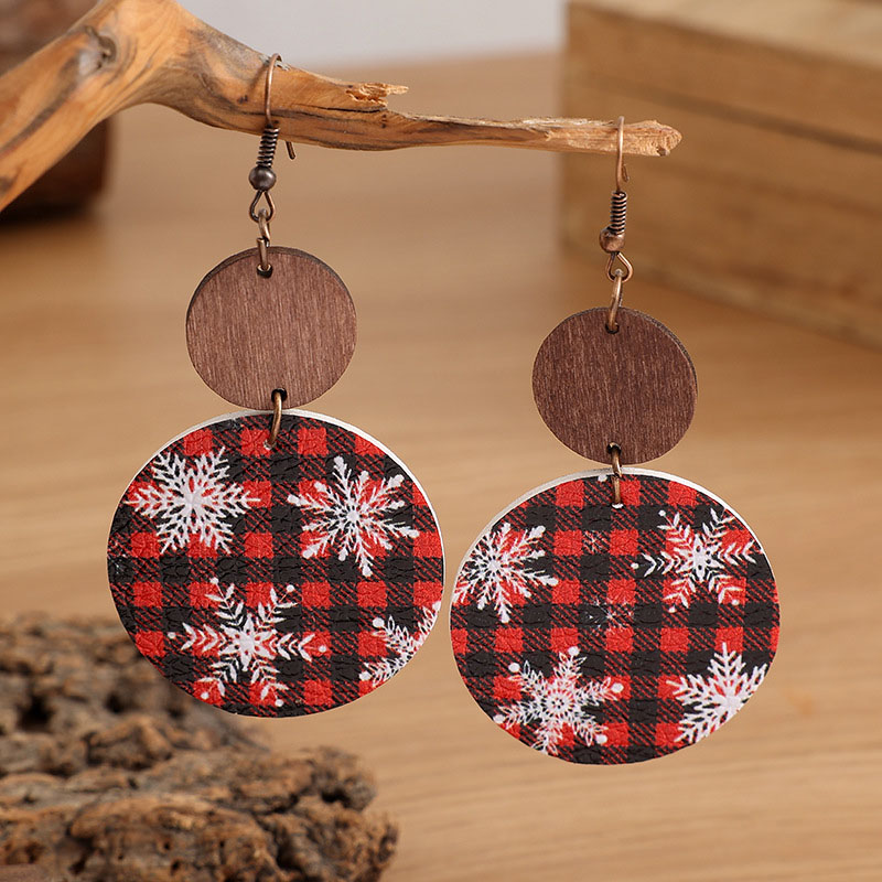 Christmas Vintage Wood Red Plaid Snowflake Christmas Tree Leather Earrings