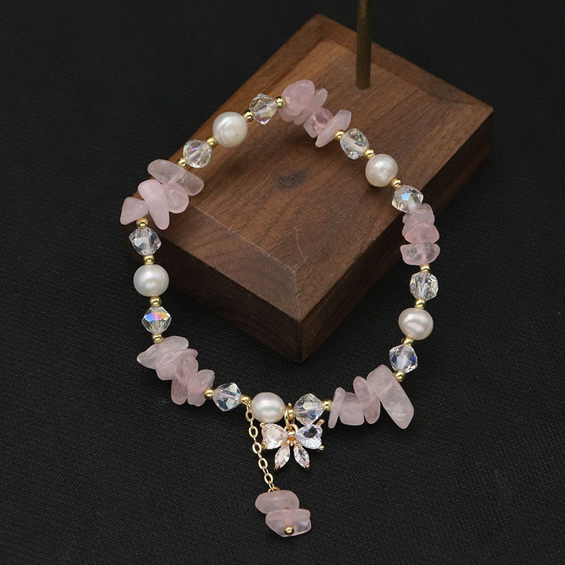 Wholesale Natural Pearl Pink Crystal Bow Zircon Stretch 18k Gold Plated Bracelet