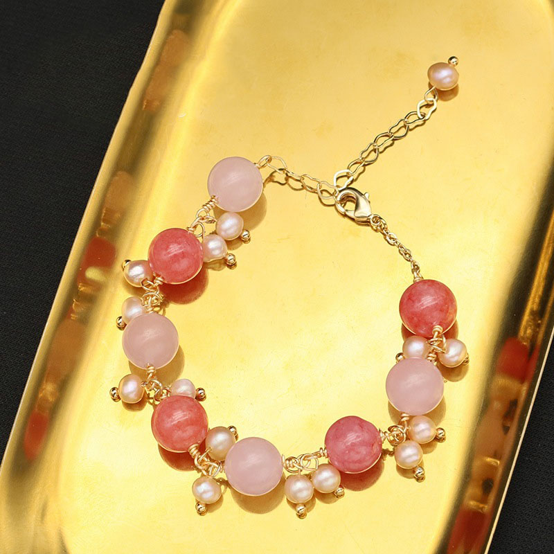 Wholesale Natural Crystal Pearl Sweet Watermelon Red Pink Crystal Pendant 18k Gold Plated Bracelet