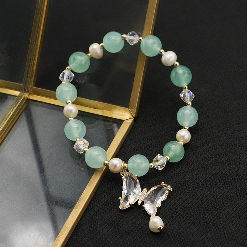 Wholesale Natural Pearl Green Crystal Bow Knot Zirconium Stretch 18k Gold Plated Bracelet