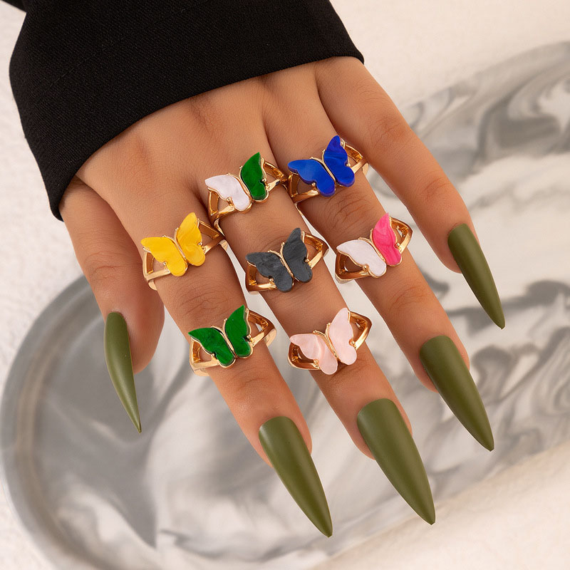 Colorful Butterfly Geometric Resin Sweet Seven-piece Ring Set Supplier