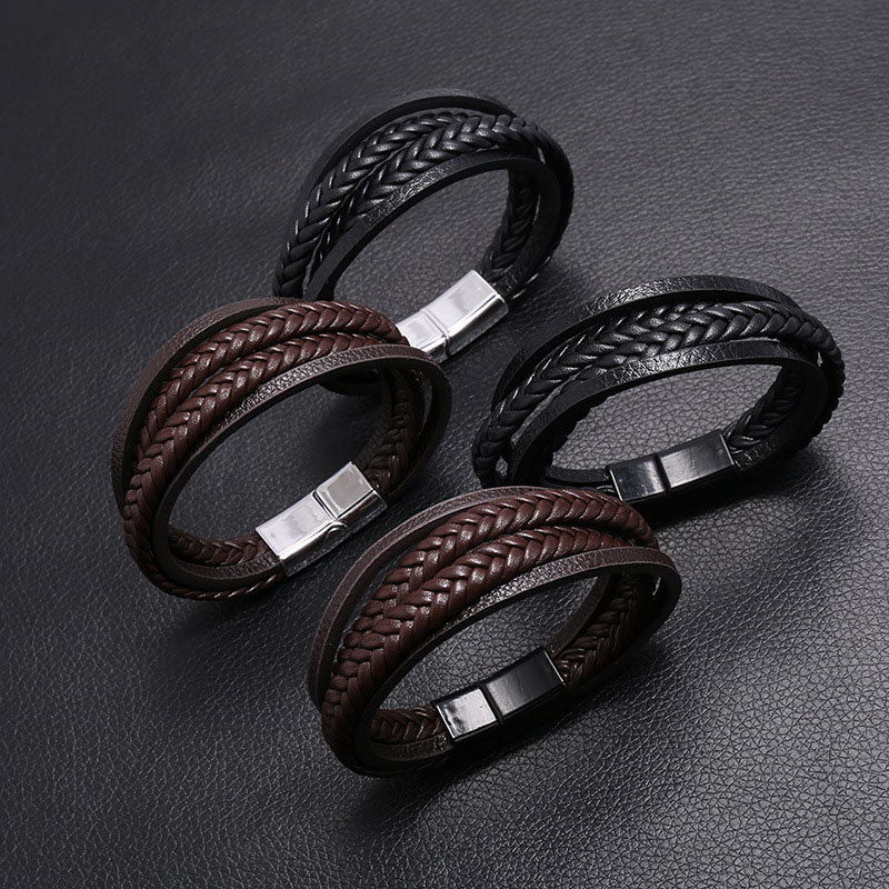Multi-layer Simple Braided Men's Leather Magnet Clasp Bracelet
