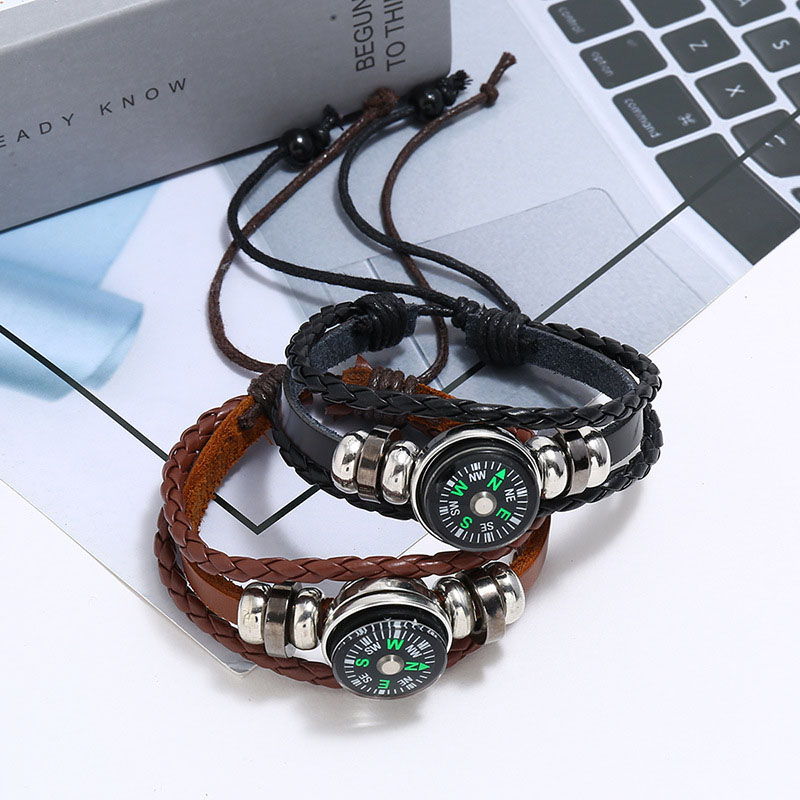 Beaded Multi-layer Braided Outdoor Compass Leather Bracelet