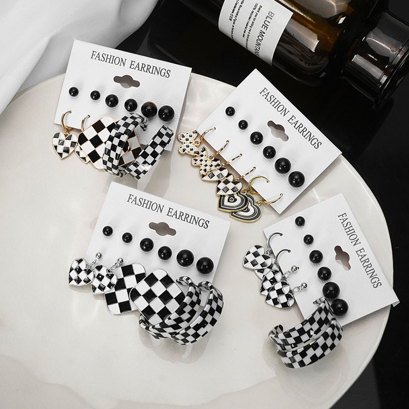 Oil-dripped Diamond-set Checkered Card Set Vintage Earrings Vendors