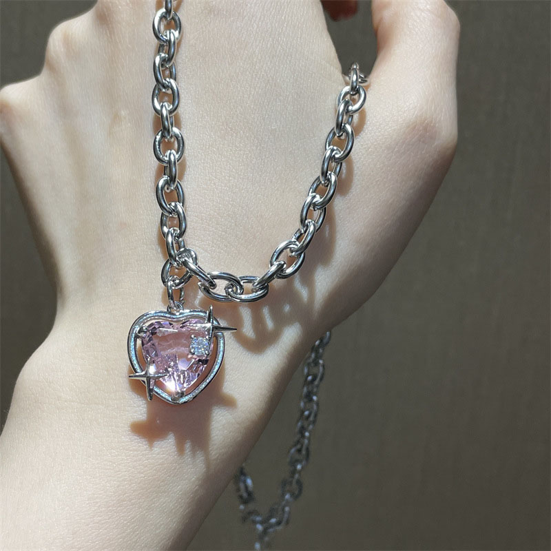 Wholesale Stainless Steel Chain Pink Zircon Love Crystal Pendant Necklace