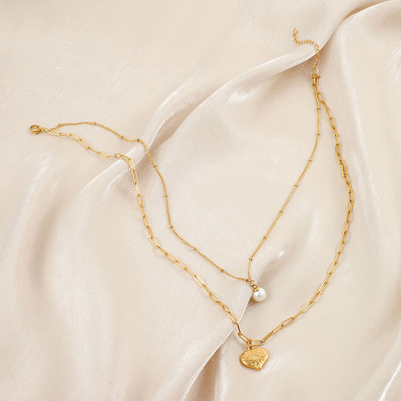 Fashion Simple Stainless Steel Gold Double Layer Love Pearl Pendant Necklace Clasp Chain Supplier