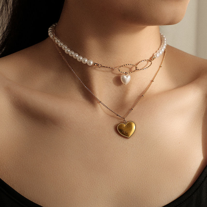 Light Luxury Pearl Collarbone Chain Love Pendant Double Layer Necklace Supplier