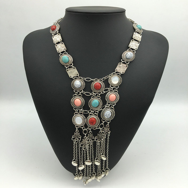 Vintage Multi-layer Alloy Tassel Faux Turquoise Necklace Clavicle Chain Vendors