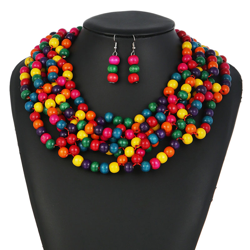 Colorful Wooden Beads Multi-layered Weaving Ethnic Necklace Set Vendors