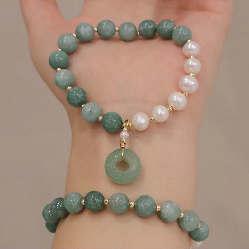 Wholesale Natural Green Jade Beads Freshwater Pearl Peace Clasp Agate Bracelet