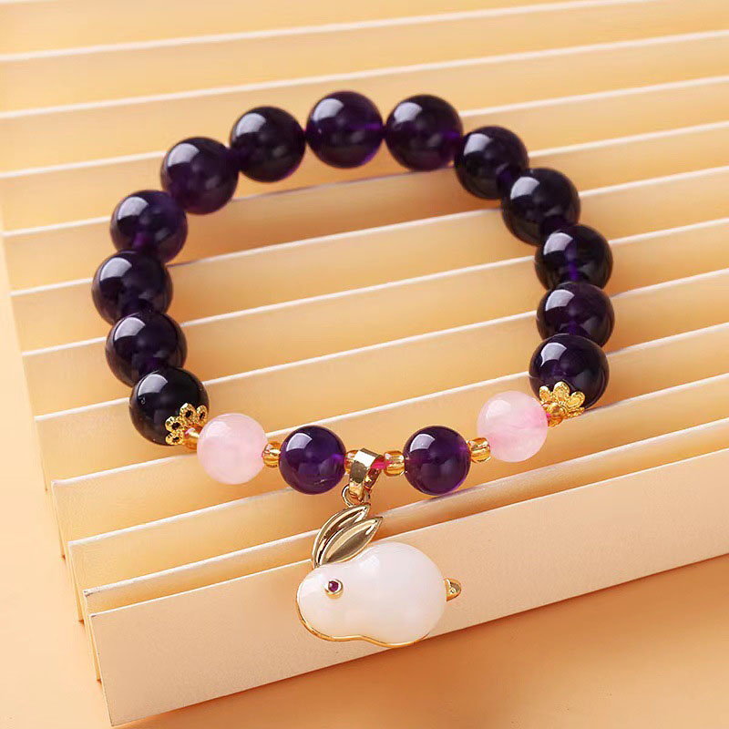 Wholesale Natural Amethyst Korean Fashion Pink Crystal Pendant Rabbit Bracelet