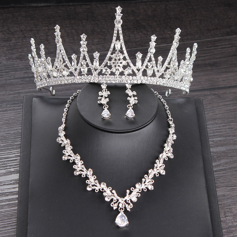 Wholesale Bridal Crown Hair Ornament Necklace Earrings Three Pieces Set