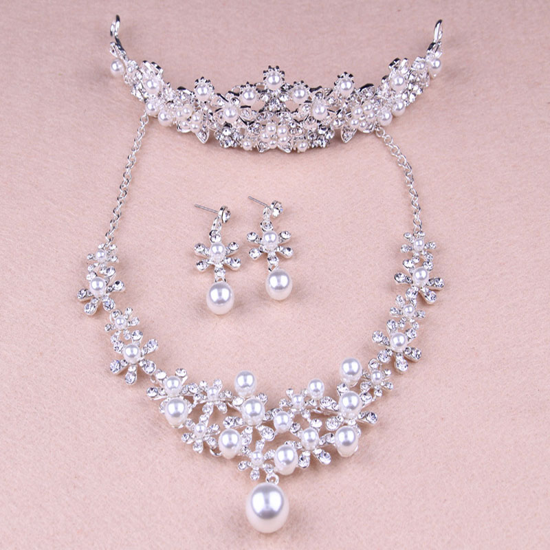 Wholesale Bridal Pearl Crown Necklace Earrings Three Pieces Set