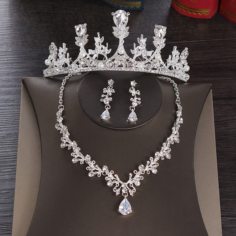 Wholesale Korean Style Bride Crown Necklace Earrings Three Sets