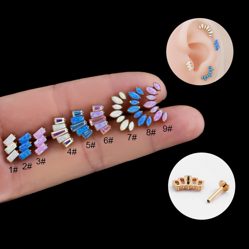1.2x8mm Inner Tooth Lip Stud Bar Titanium Inlaid Opal Crown Cartilage Piercing Earrings Distributors