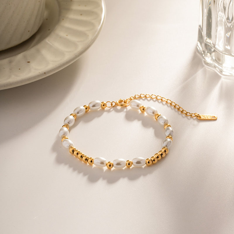 18k Gold Glass Pearl Rice Bead Fashion Titanium Steel Non-tarnish Bracelet Distributors