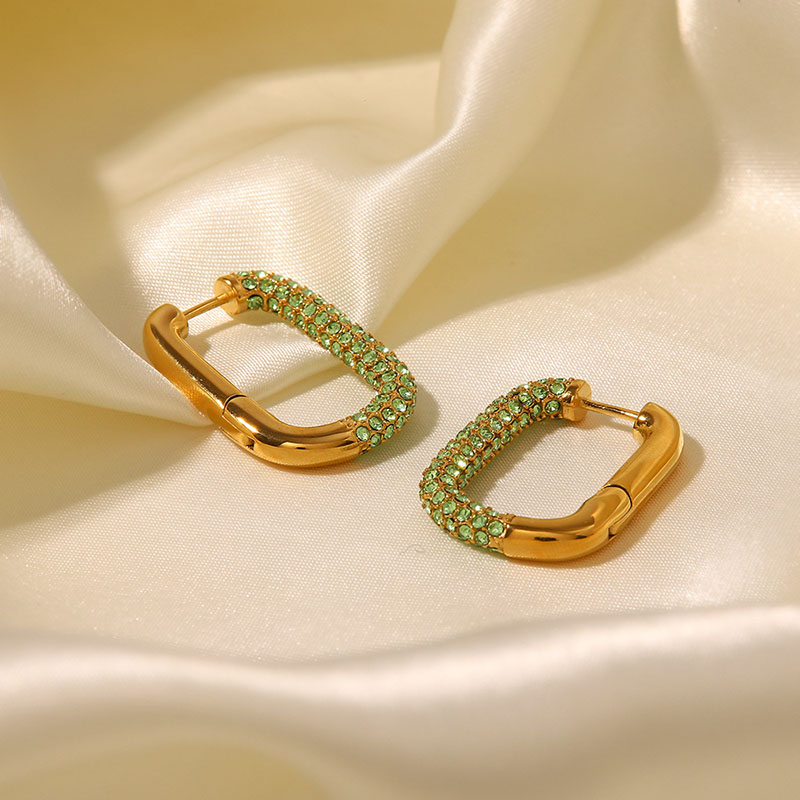 Wholesale 18k Gold Plated Light Green Full Diamond U-shaped Stainless Steel Earrings