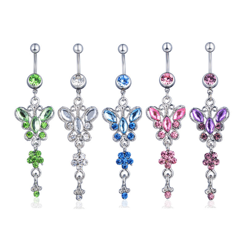 Pierced And Diamond Encrusted Butterfly Pendant Belly Button Ring Suppliers