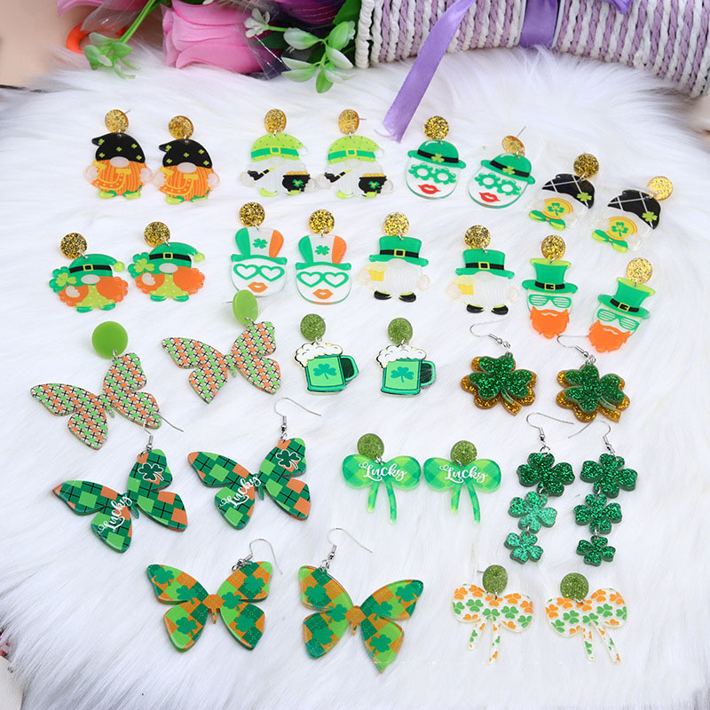 St Patrick's Day Acrylic Shamrock Hat Butterfly Earrings Distributor