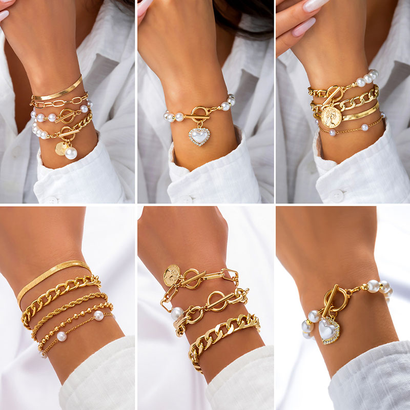 Wholesale Jewelry Retro Imitation Pearl Chain Beaded Simple Geometric Love Rhinestone Bracelet