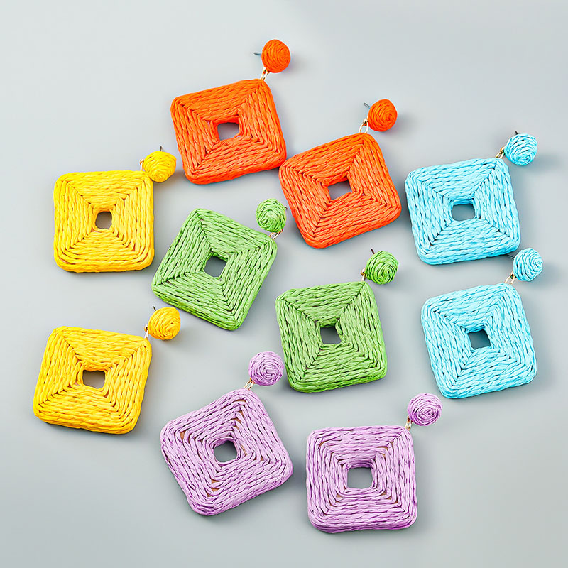 Multi-layer Openwork Square Solid Color Raffia Woven Geometric Earrings Vendors