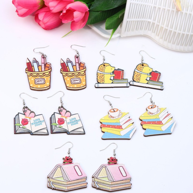 Wholesale Wood Printed Pencil Book Fashion Color Contrast Earrings