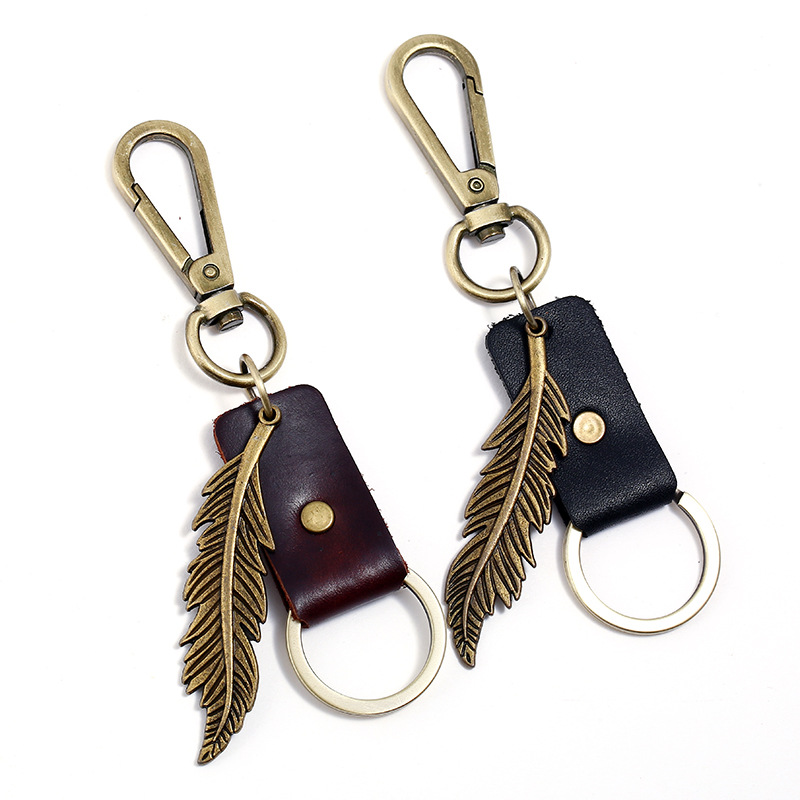 Wholesale Bronze Alloy Feather Cowhide Keychain