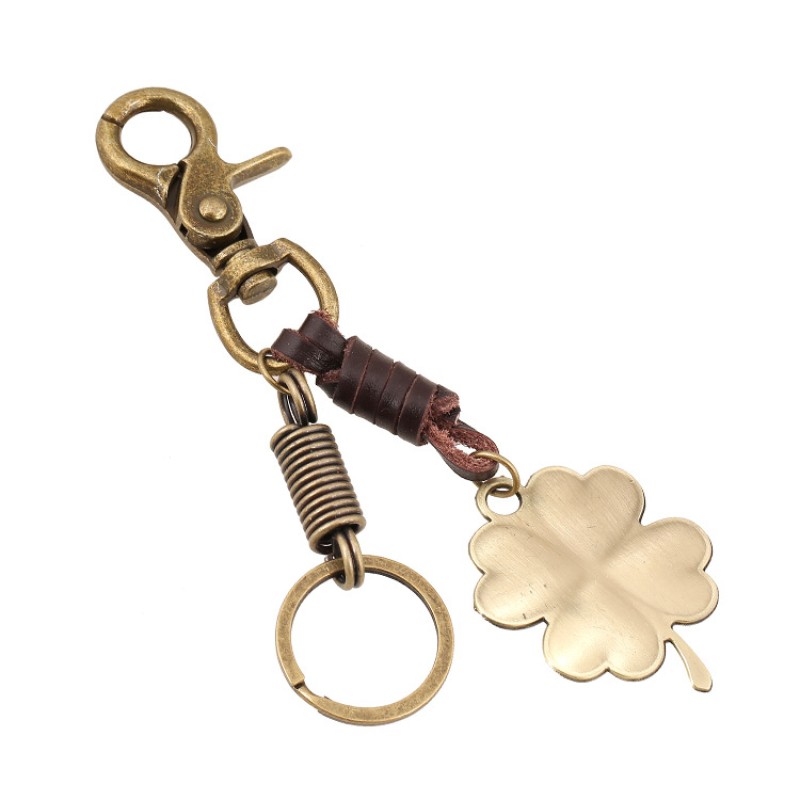 Wholesale Men's Retro Cowhide Four-leaf Clover Keychain