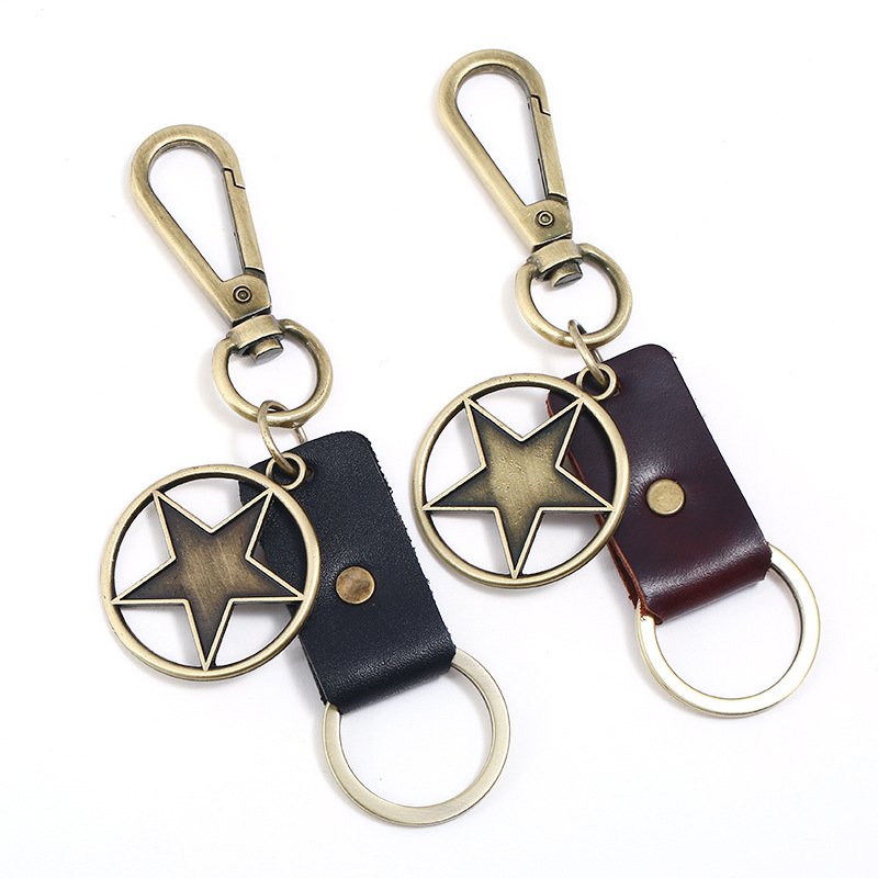 Wholesale Retro Alloy Five-pointed Star Real Cowhide Keychain