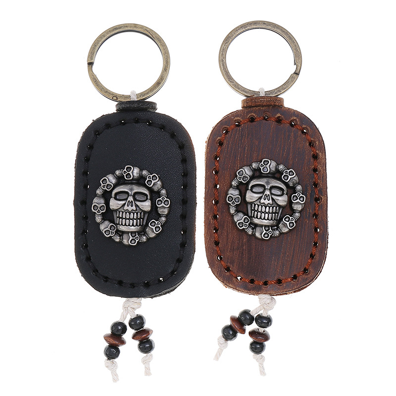Wholesale Hand Stitched Double Sided Skull Cowhide Keychain