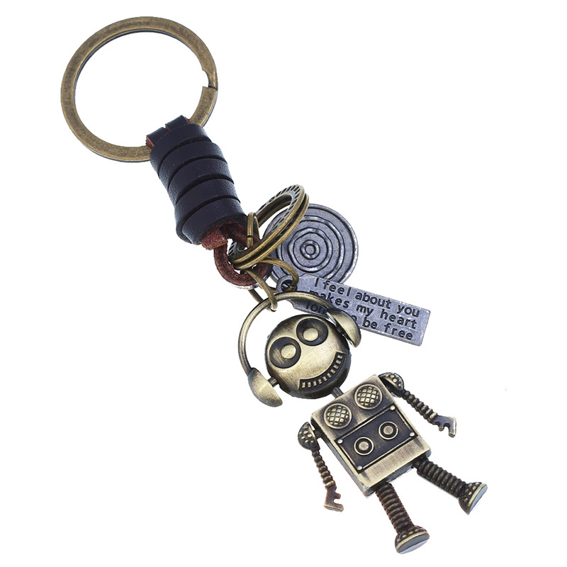 Wholesale Hand Woven Alloy Movable Robot Cowhide Keychain