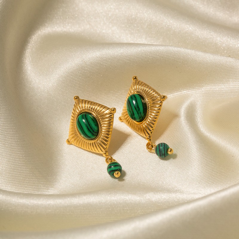 Wholesale 18K Gold Texture Geometric Square Green Malachite Pendant Earrings