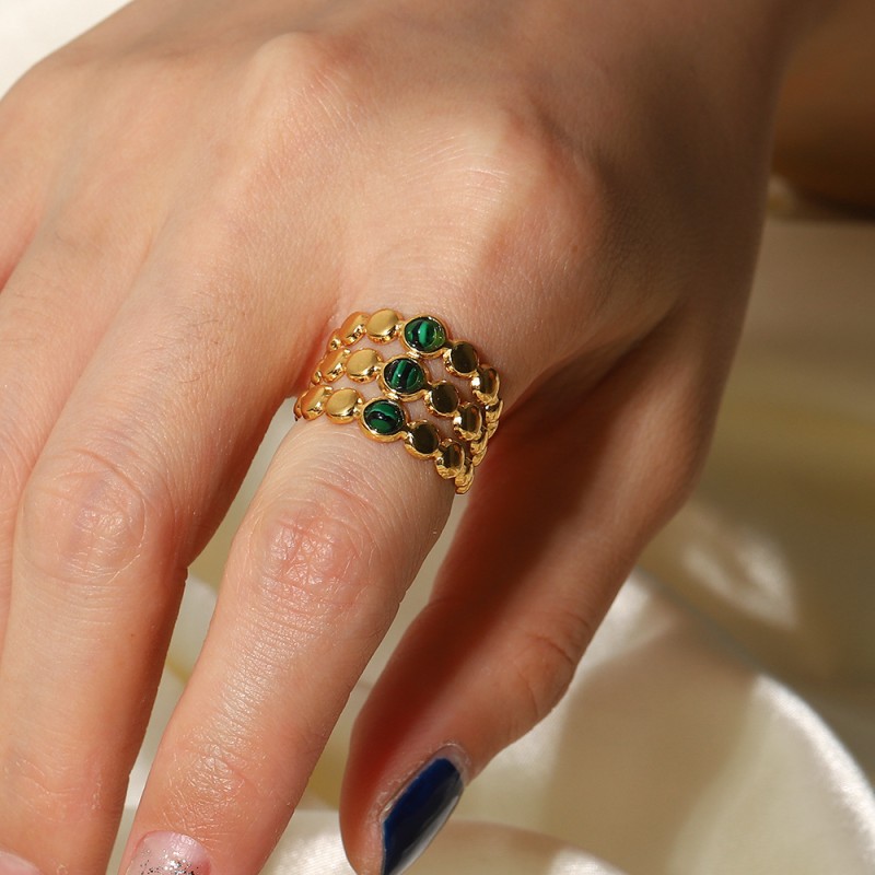 Wholesale 18K Gold Inlay Green Malachite Stainless Steel Open Ring
